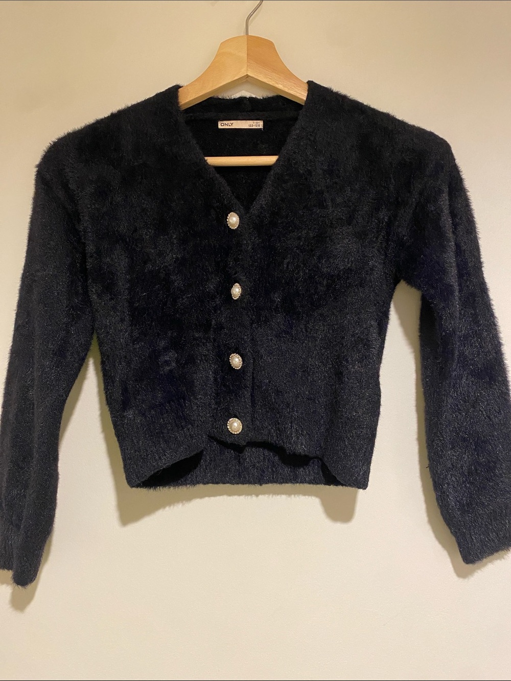 Only Black Fuzzy Cropped Cardigan with Pearl Buttons Size 7-8Y